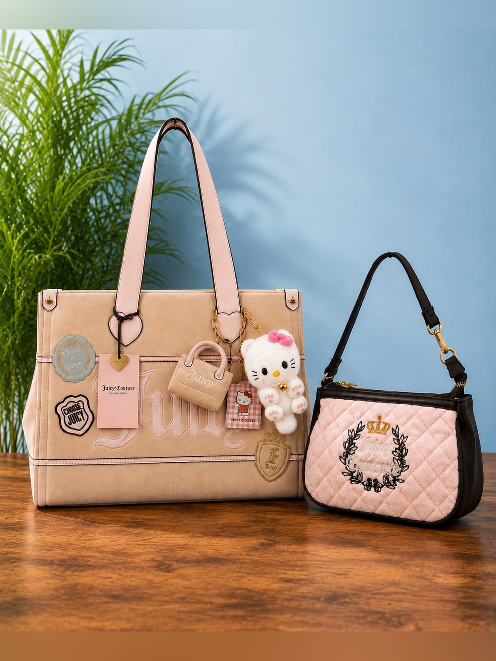 Juicy Couture Pink & Beige Study in Style Tote with Quilted Pink Wristlet Charms